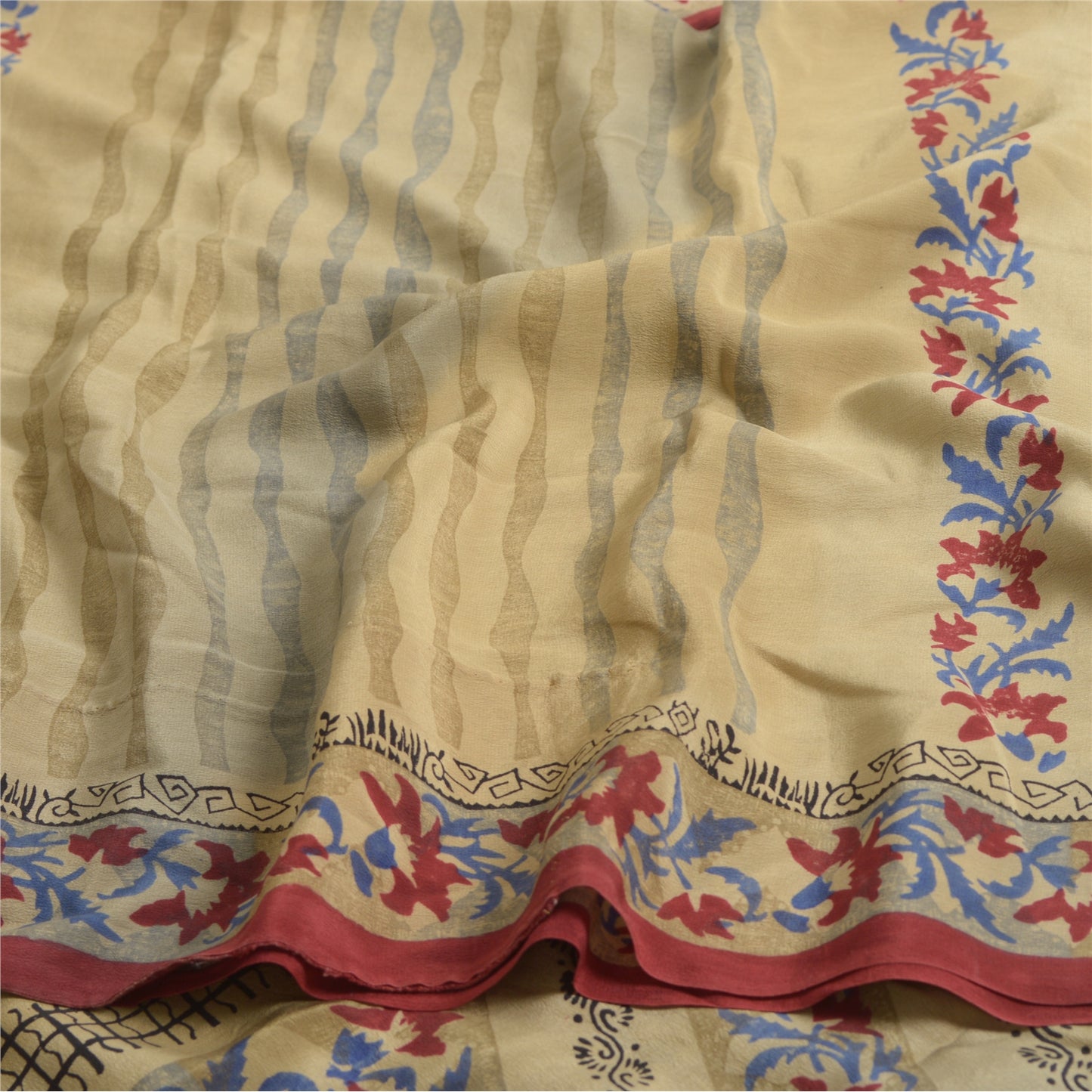 Sanskriti vintage Printed Cream Indian Pure Crepe Silk Sarees Sari Craft Sustainable Fabric