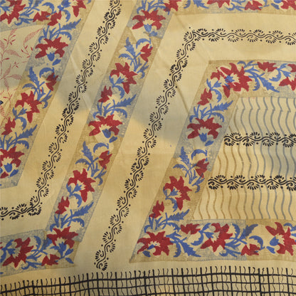 Sanskriti vintage Printed Cream Indian Pure Crepe Silk Sarees Sari Craft Sustainable Fabric