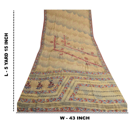 Sanskriti vintage Printed Cream Indian Pure Crepe Silk Sarees Sari Craft Sustainable Fabric