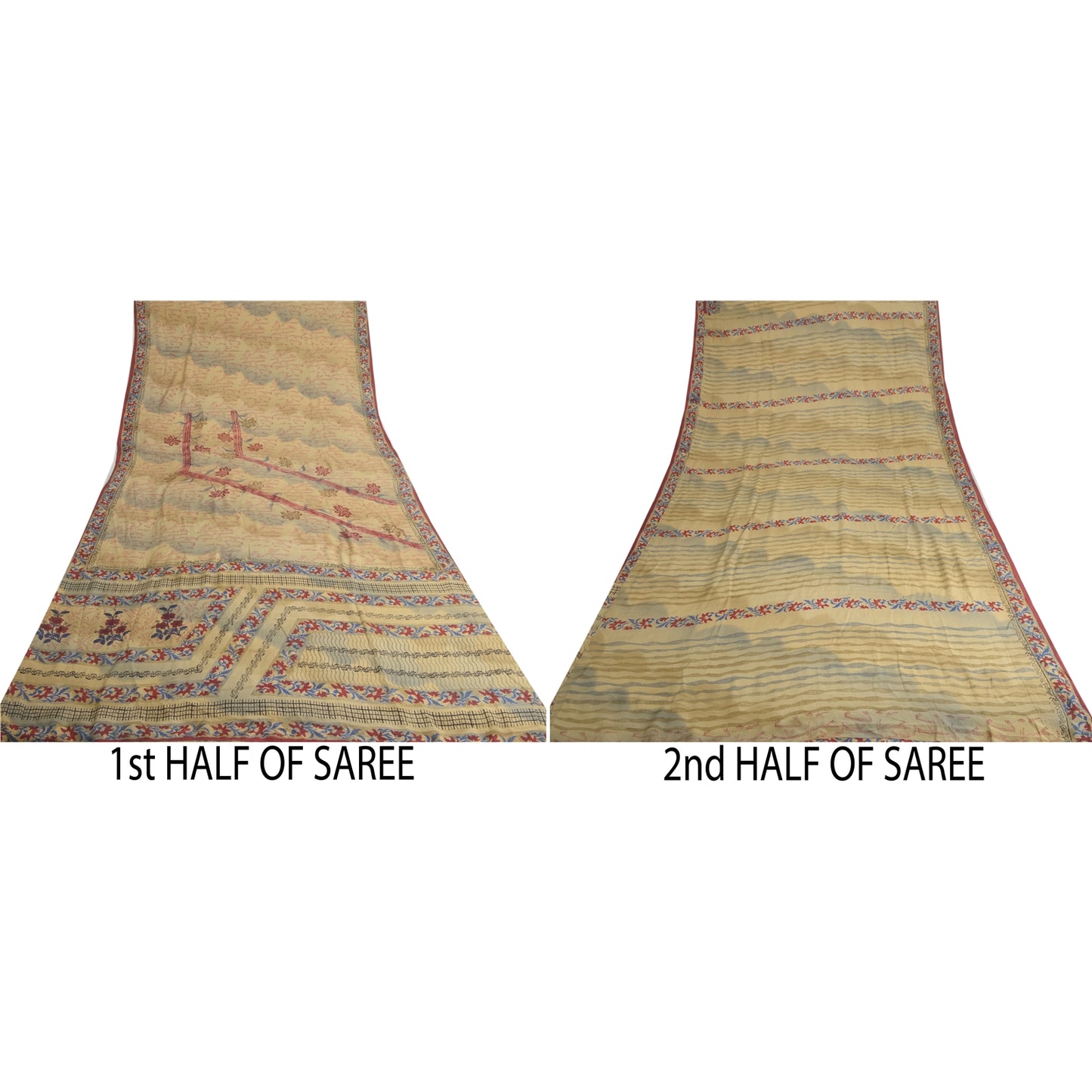 Sanskriti vintage Printed Cream Indian Pure Crepe Silk Sarees Sari Craft Sustainable Fabric