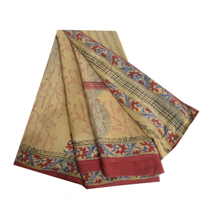 Sanskriti vintage Printed Cream Indian Pure Crepe Silk Sarees Sari Craft Sustainable Fabric