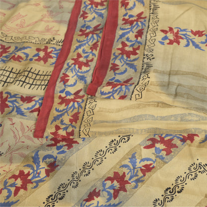 Sanskriti vintage Printed Cream Indian Pure Crepe Silk Sarees Sari Craft Sustainable Fabric