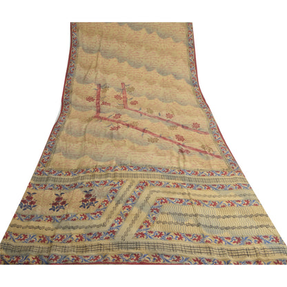 Sanskriti vintage Printed Cream Indian Pure Crepe Silk Sarees Sari Craft Sustainable Fabric