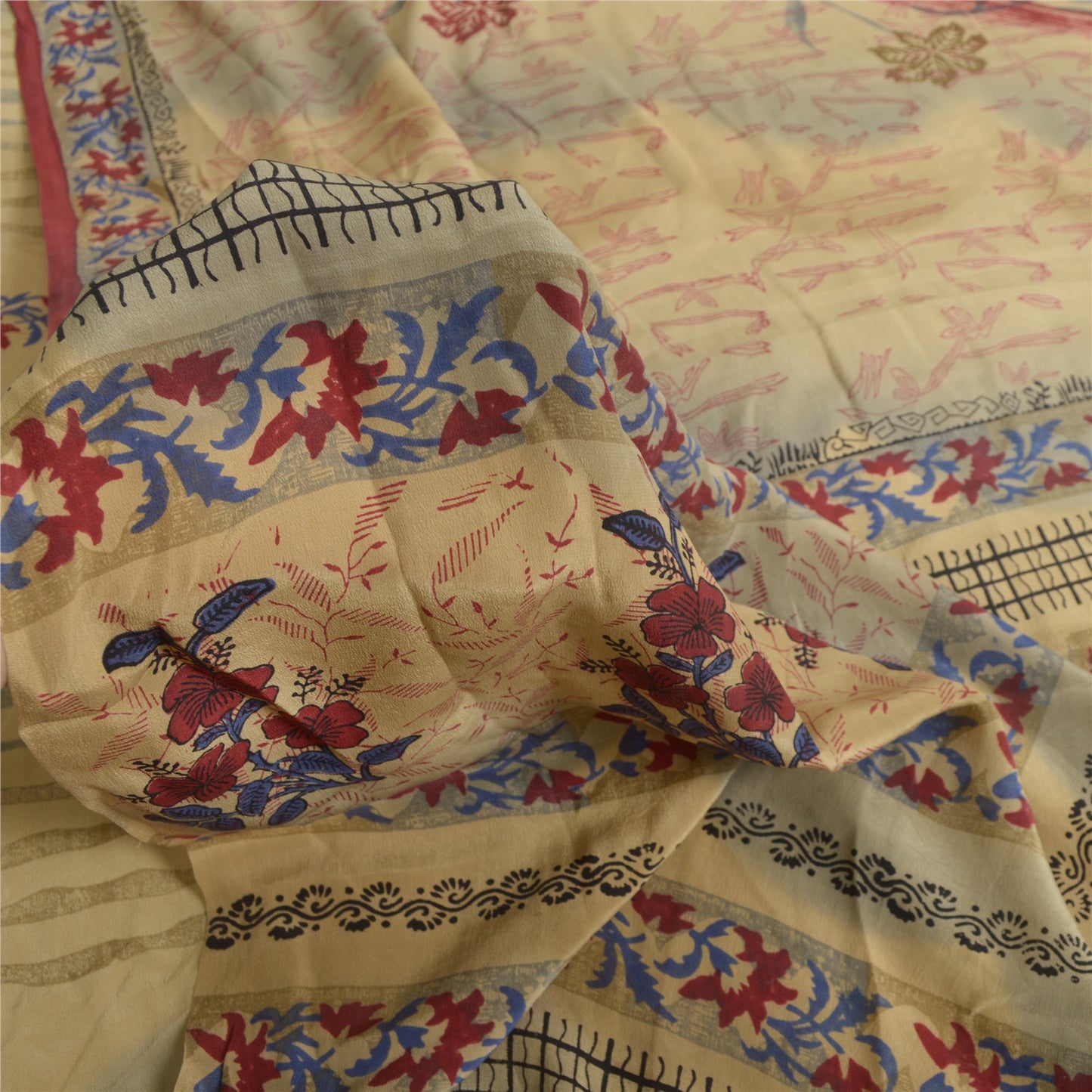 Sanskriti vintage Printed Cream Indian Pure Crepe Silk Sarees Sari Craft Sustainable Fabric