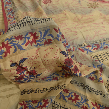 Sanskriti vintage Printed Cream Indian Pure Crepe Silk Sarees Sari Craft Sustainable Fabric