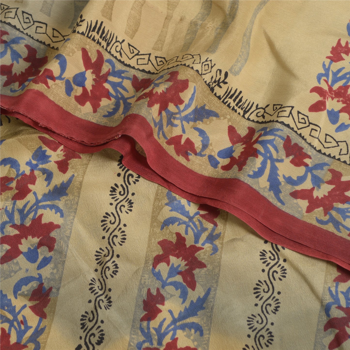 Sanskriti vintage Printed Cream Indian Pure Crepe Silk Sarees Sari Craft Sustainable Fabric