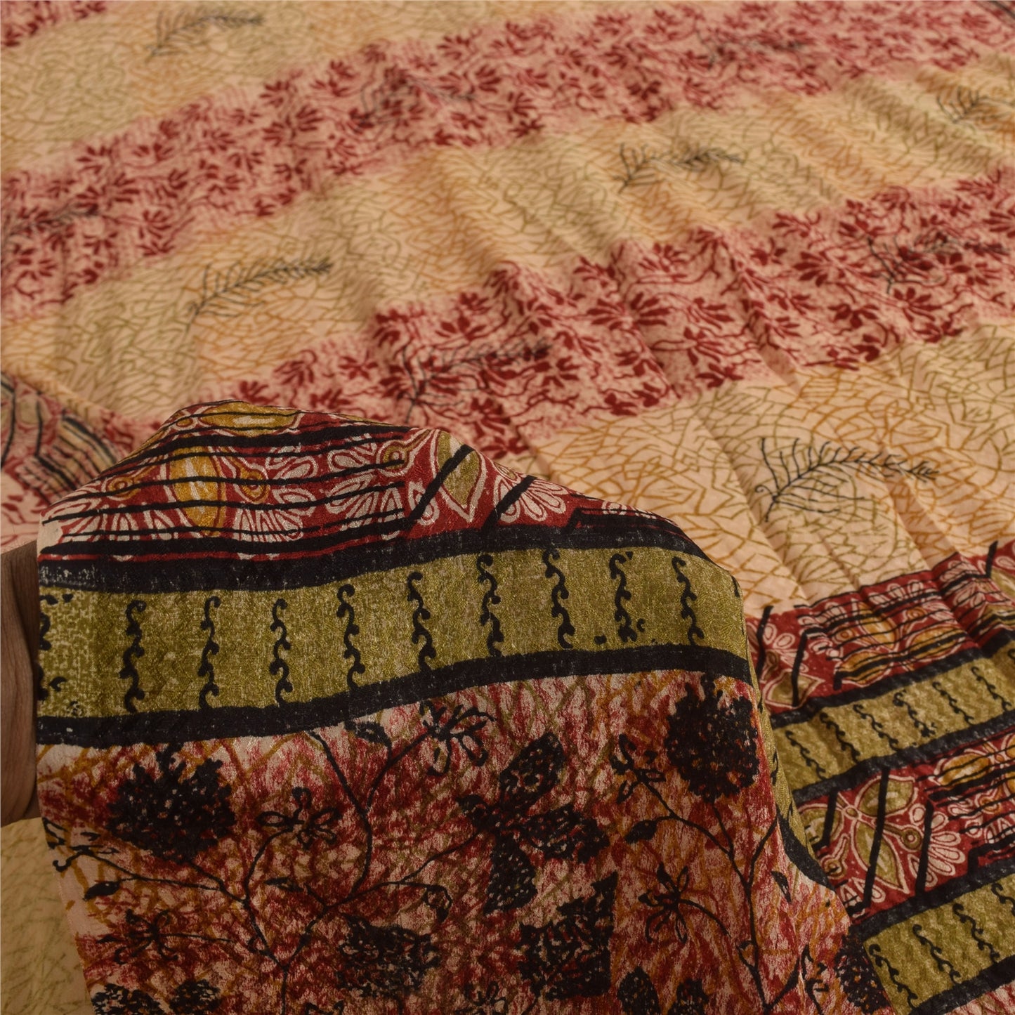 Sanskriti Vintage Printed 100% Pure Crepe Silk Sarees Cream Sari Craft Fabric