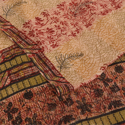 Sanskriti Vintage Printed 100% Pure Crepe Silk Sarees Cream Sari Craft Fabric