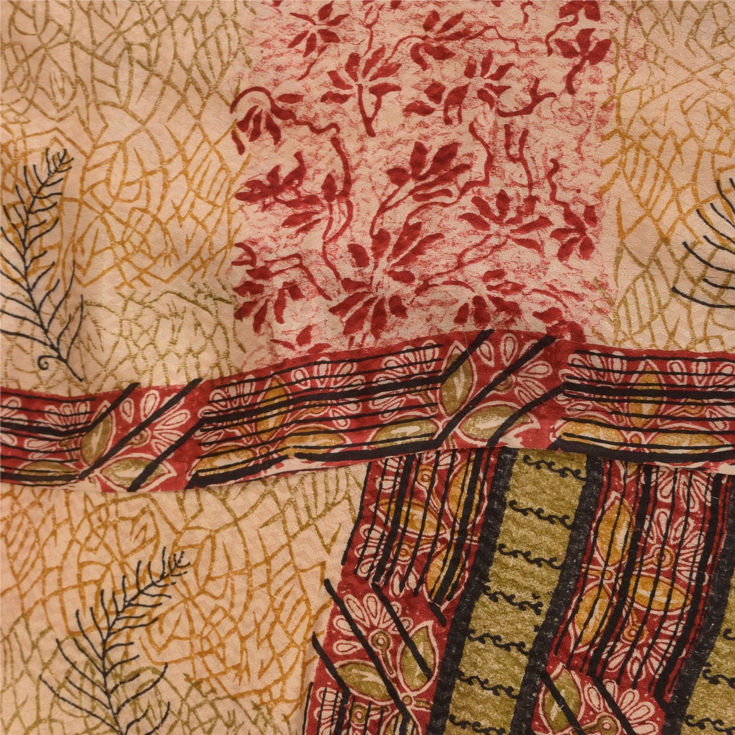 Sanskriti Vintage Printed 100% Pure Crepe Silk Sarees Cream Sari Craft Fabric