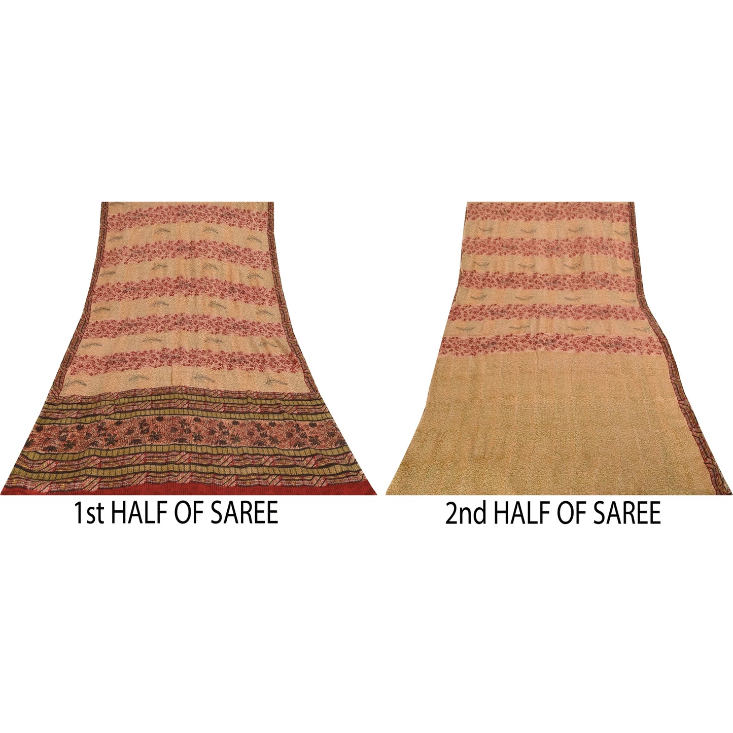 Sanskriti Vintage Printed 100% Pure Crepe Silk Sarees Cream Sari Craft Fabric