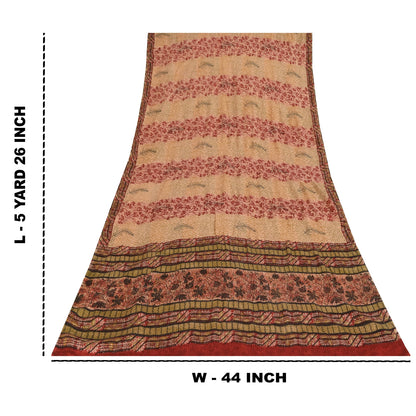Sanskriti Vintage Printed 100% Pure Crepe Silk Sarees Cream Sari Craft Fabric