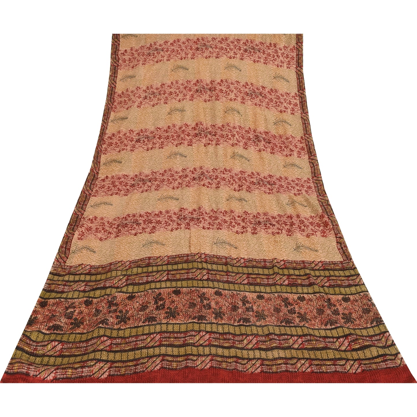 Sanskriti Vintage Printed 100% Pure Crepe Silk Sarees Cream Sari Craft Fabric