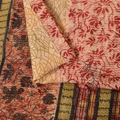 Sanskriti Vintage Printed 100% Pure Crepe Silk Sarees Cream Sari Craft Fabric