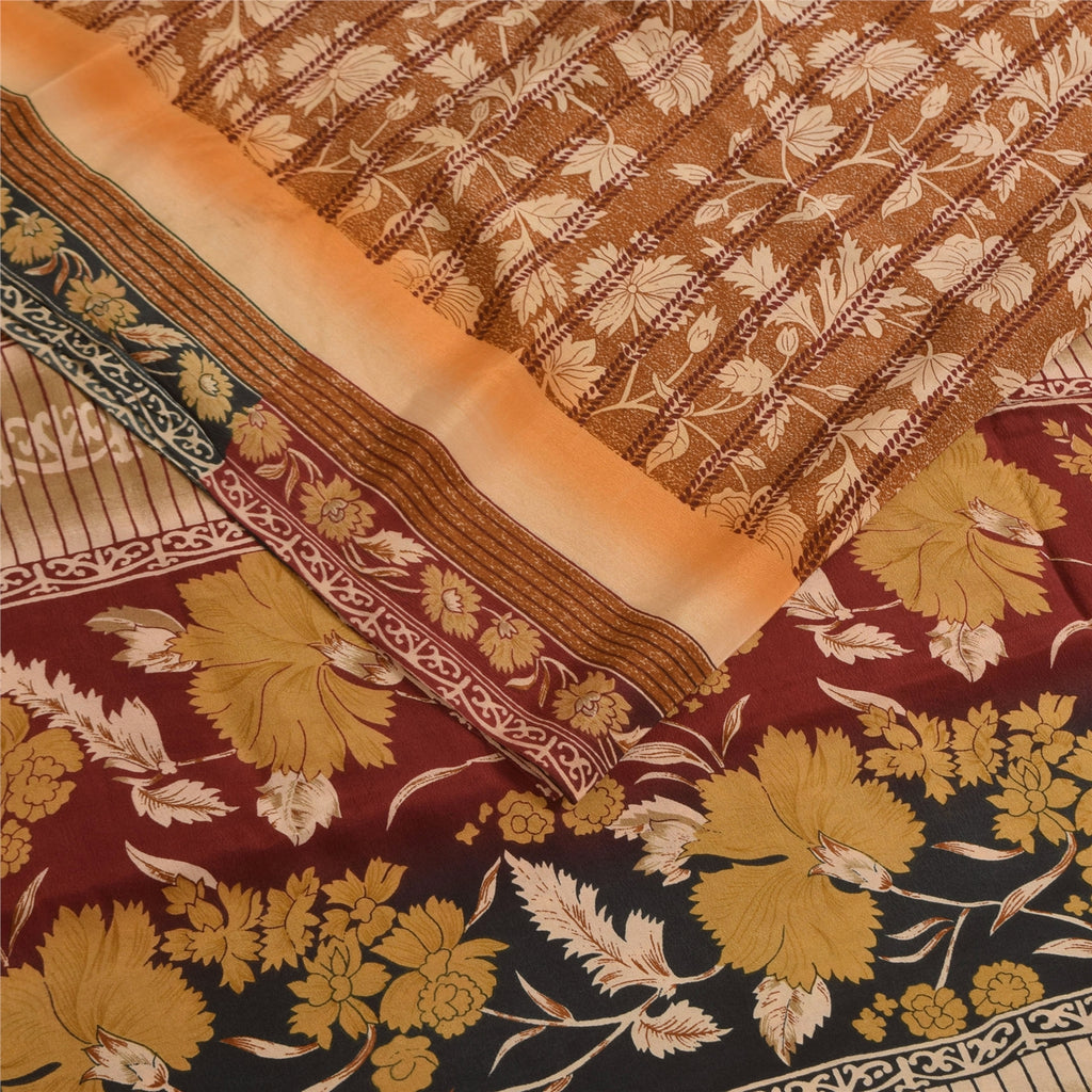 Sanskriti Vintage Printed 100% Pure Crepe Silk Sarees Brown Sari Craft Fabric