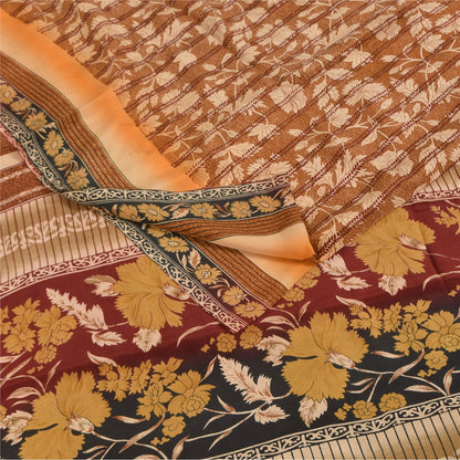 Sanskriti Vintage Printed 100% Pure Crepe Silk Sarees Brown Sari Craft Fabric