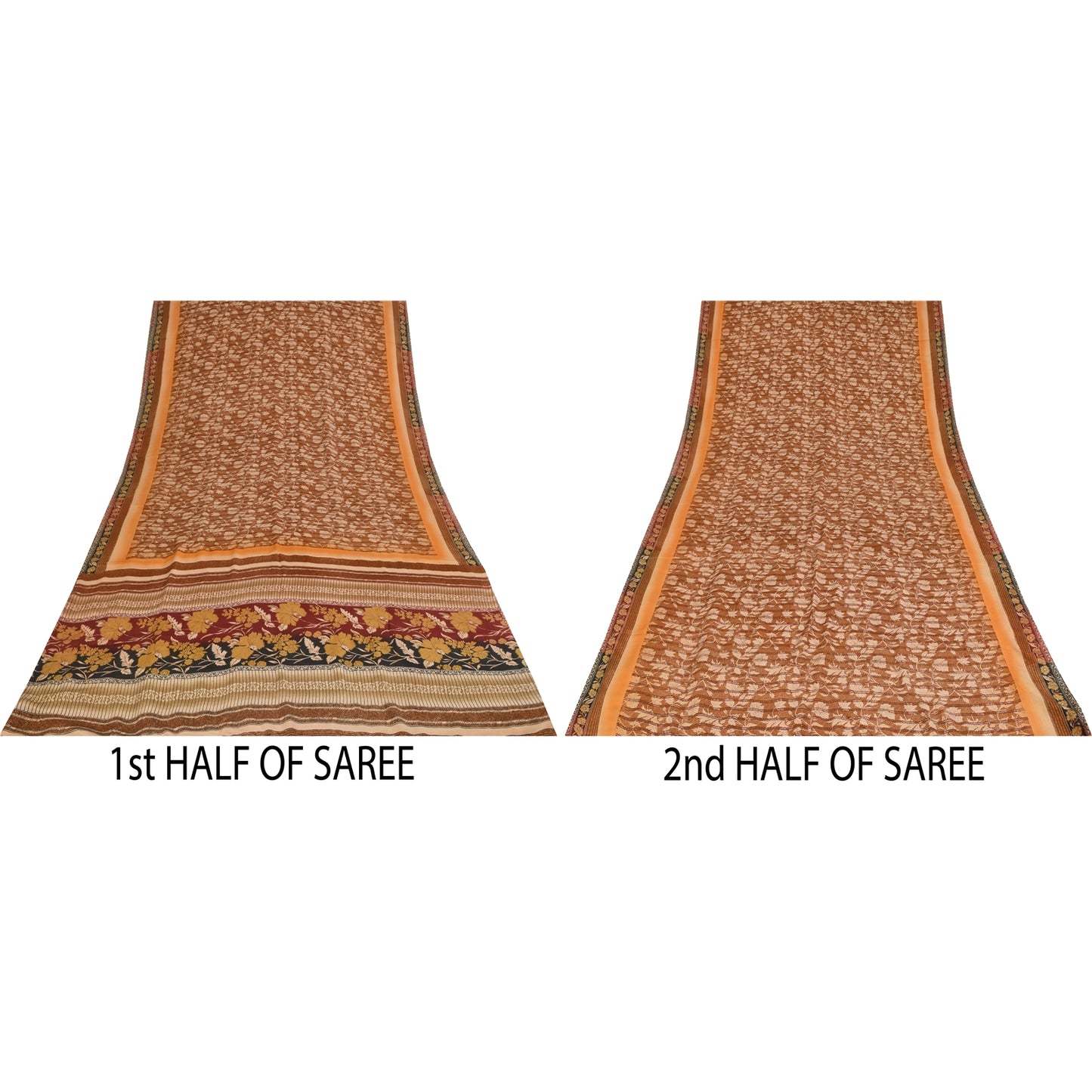 Sanskriti Vintage Printed 100% Pure Crepe Silk Sarees Brown Sari Craft Fabric