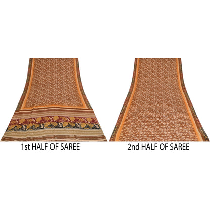 Sanskriti Vintage Printed 100% Pure Crepe Silk Sarees Brown Sari Craft Fabric