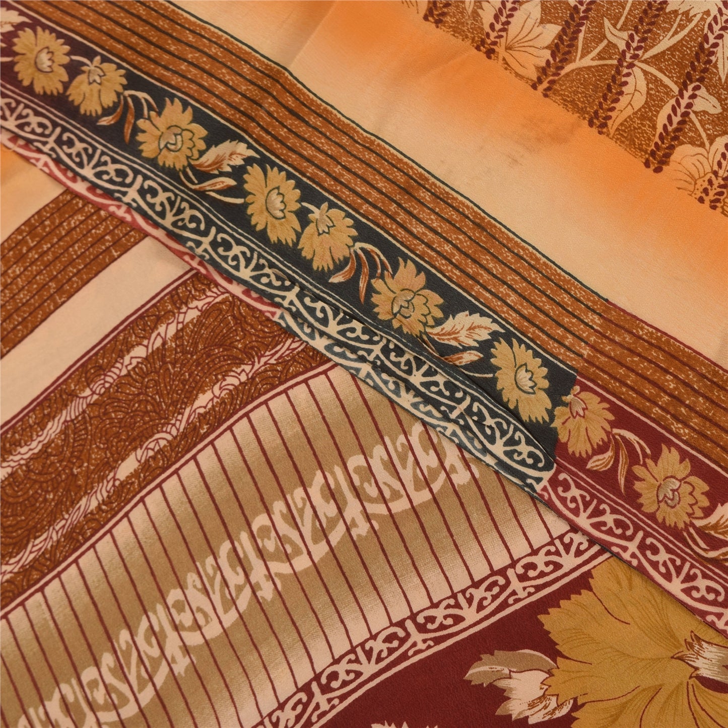 Sanskriti Vintage Printed 100% Pure Crepe Silk Sarees Brown Sari Craft Fabric