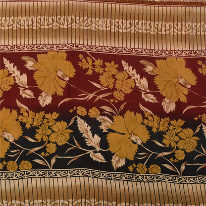 Sanskriti Vintage Printed 100% Pure Crepe Silk Sarees Brown Sari Craft Fabric