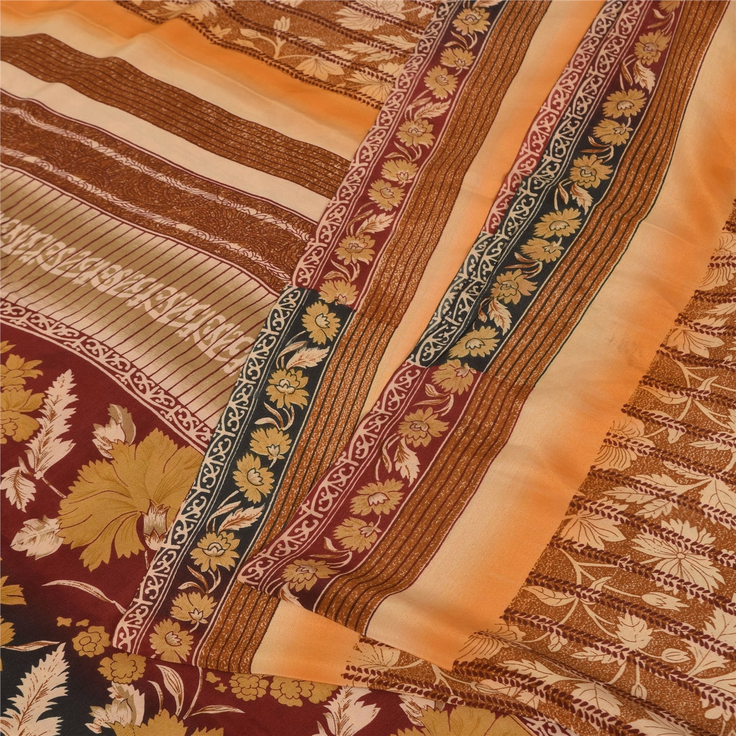 Sanskriti Vintage Printed 100% Pure Crepe Silk Sarees Brown Sari Craft Fabric