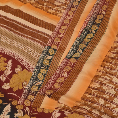 Sanskriti Vintage Printed 100% Pure Crepe Silk Sarees Brown Sari Craft Fabric