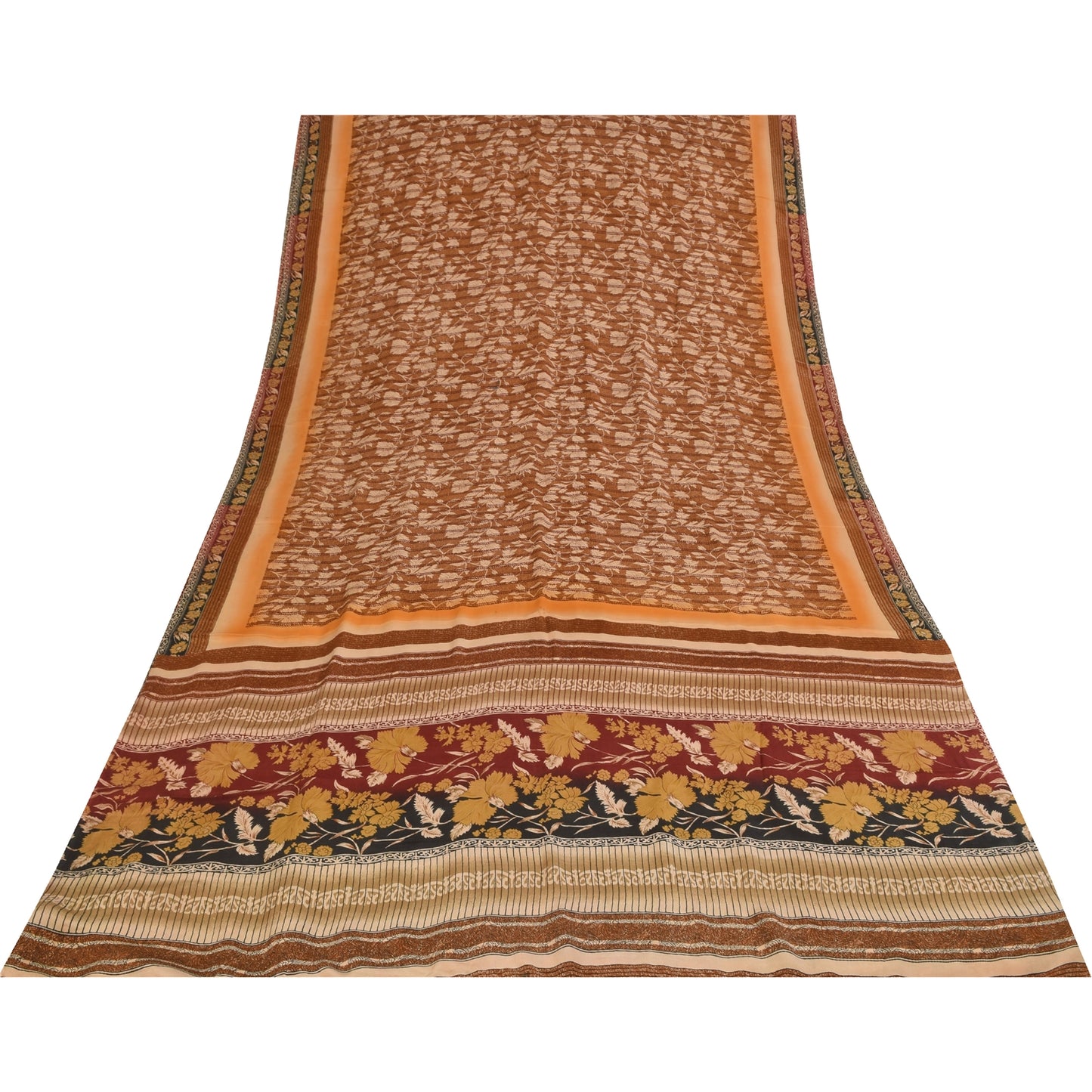 Sanskriti Vintage Printed 100% Pure Crepe Silk Sarees Brown Sari Craft Fabric