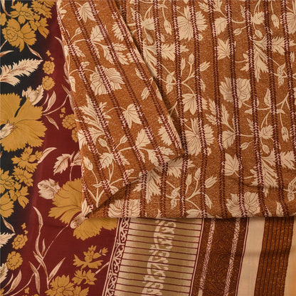 Sanskriti Vintage Printed 100% Pure Crepe Silk Sarees Brown Sari Craft Fabric