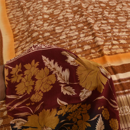 Sanskriti Vintage Printed 100% Pure Crepe Silk Sarees Brown Sari Craft Fabric