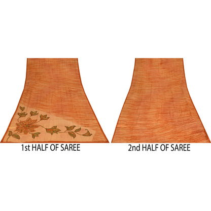 Sanskriti Vintage Printed Pure Crepe Silk Sarees Peach Dress Sari Craft Fabric