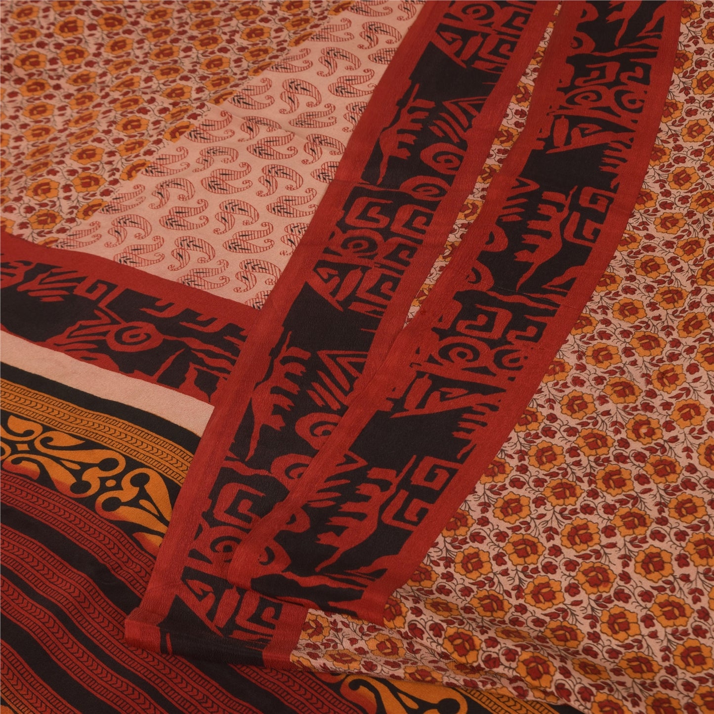 Sanskriti Vintage Indian Printed Pure Crepe Silk Sarees Craft Soft Sari Fabric