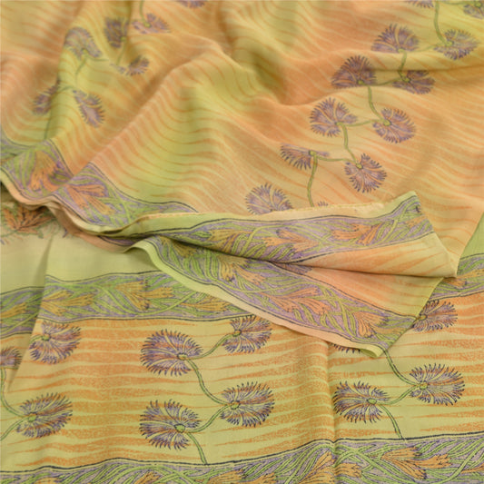 Sanskriti Vintage Green Sarees 100% Pure Crepe Silk Printed Sari 5 Yard Sustainable Fabric