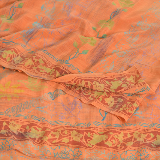 Sanskriti Vintage Printed 100% Pure Crepe Silk Sarees Peach Sari Craft Sustainable Fabric