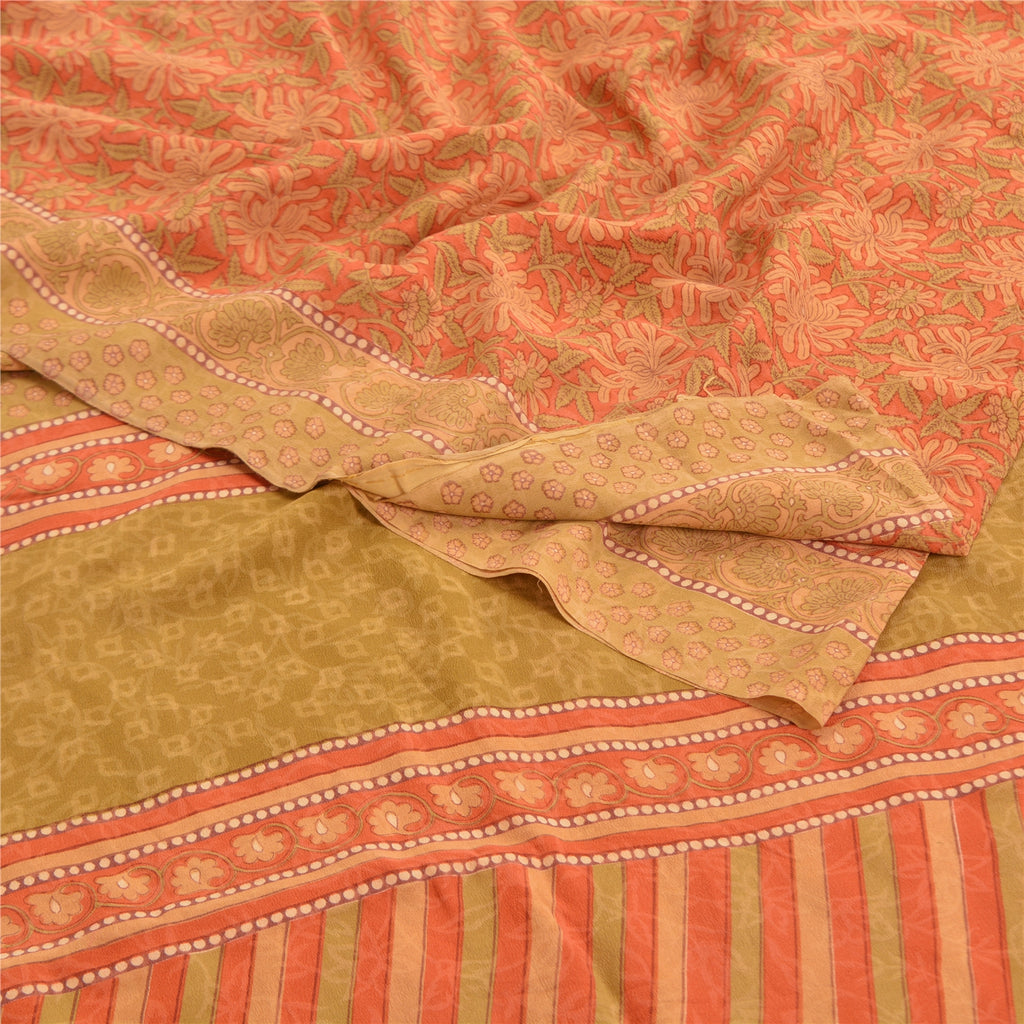 Sanskriti Vintage Peach Sarees 100% Pure Crepe Silk Printed Sari Craft Sustainable Fabric