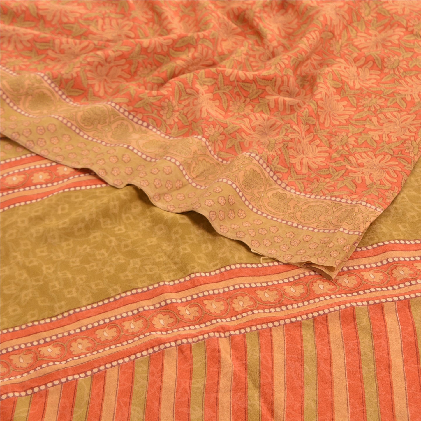 Sanskriti Vintage Peach Sarees 100% Pure Crepe Silk Printed Sari Craft Sustainable Fabric