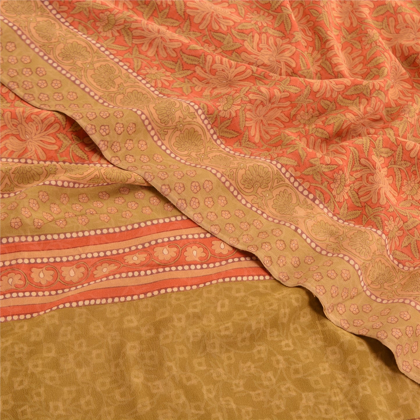 Sanskriti Vintage Peach Sarees 100% Pure Crepe Silk Printed Sari Craft Sustainable Fabric