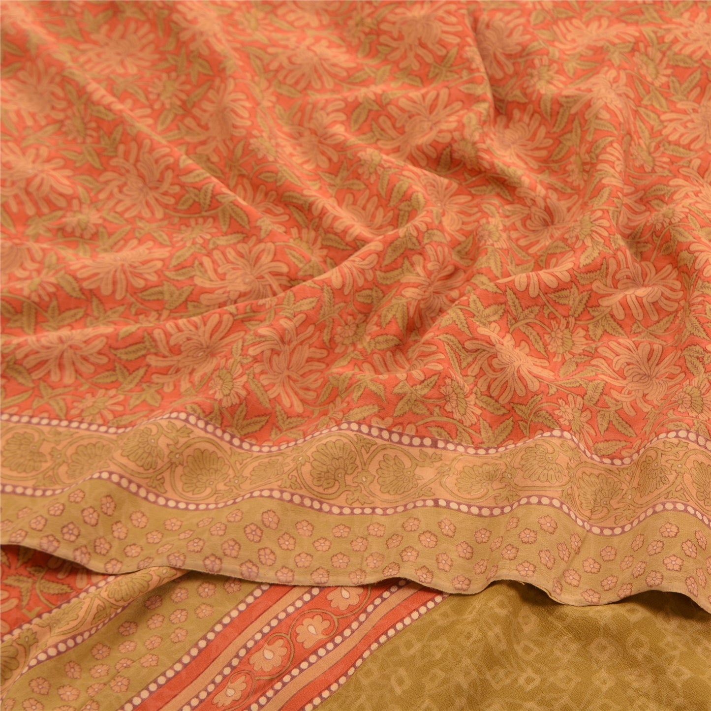 Sanskriti Vintage Peach Sarees 100% Pure Crepe Silk Printed Sari Craft Sustainable Fabric