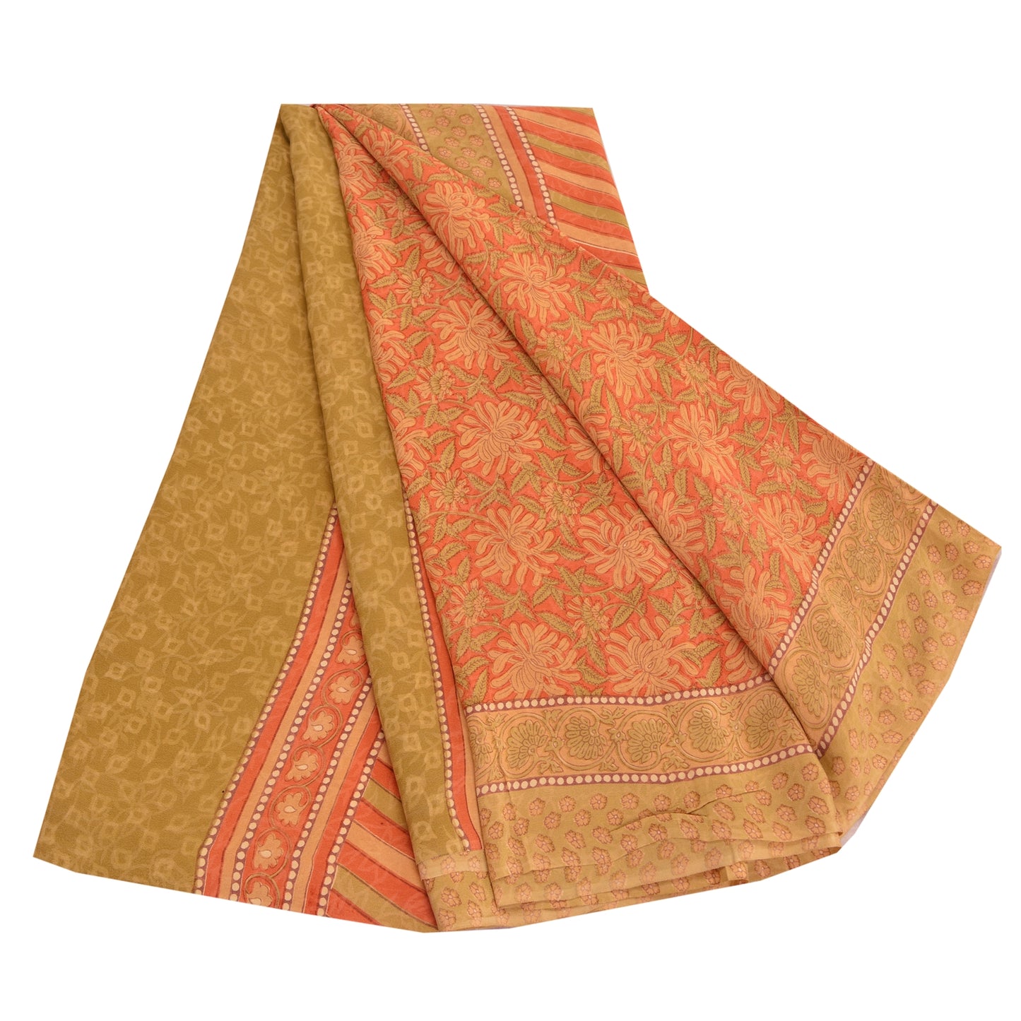 Sanskriti Vintage Peach Sarees 100% Pure Crepe Silk Printed Sari Craft Sustainable Fabric