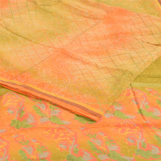 Sanskriti Vintage Sarees Pure Crepe Printed Orange/Green Sari Craft Soft Sustainable Fabric