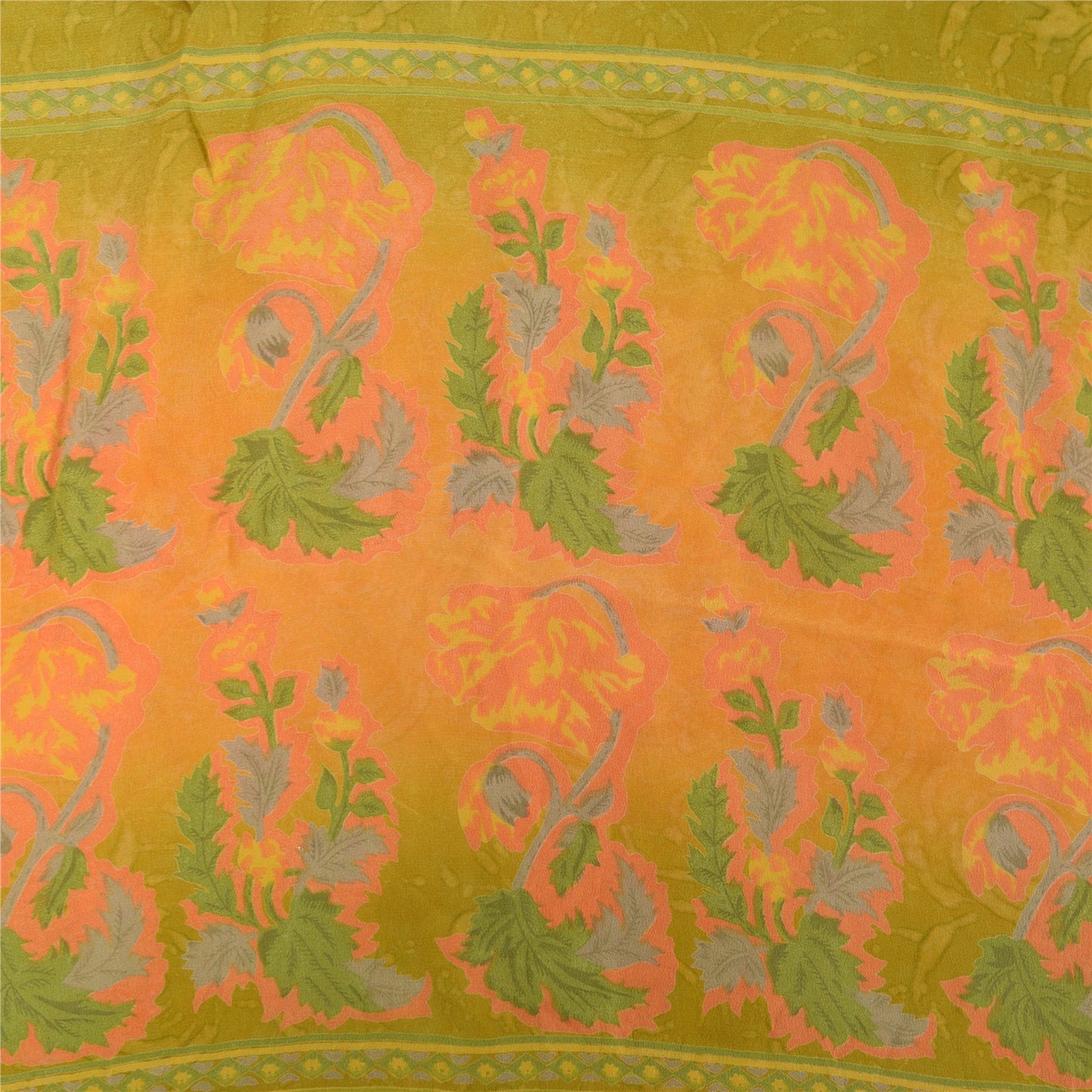 Sanskriti Vintage Sarees Pure Crepe Printed Orange/Green Sari Craft Soft Sustainable Fabric