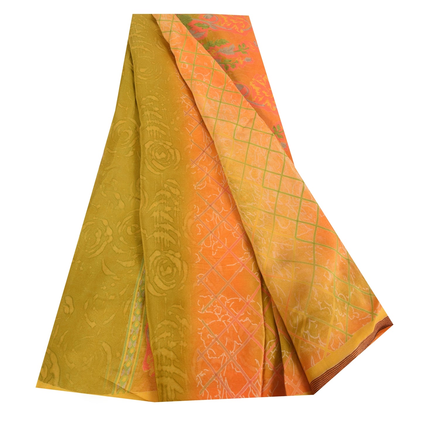 Sanskriti Vintage Sarees Pure Crepe Printed Orange/Green Sari Craft Soft Sustainable Fabric