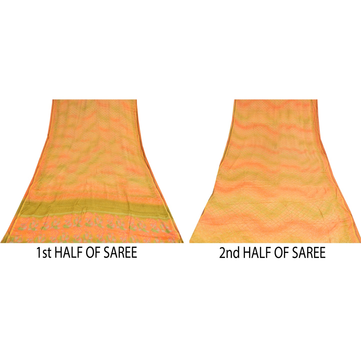Sanskriti Vintage Sarees Pure Crepe Printed Orange/Green Sari Craft Soft Sustainable Fabric