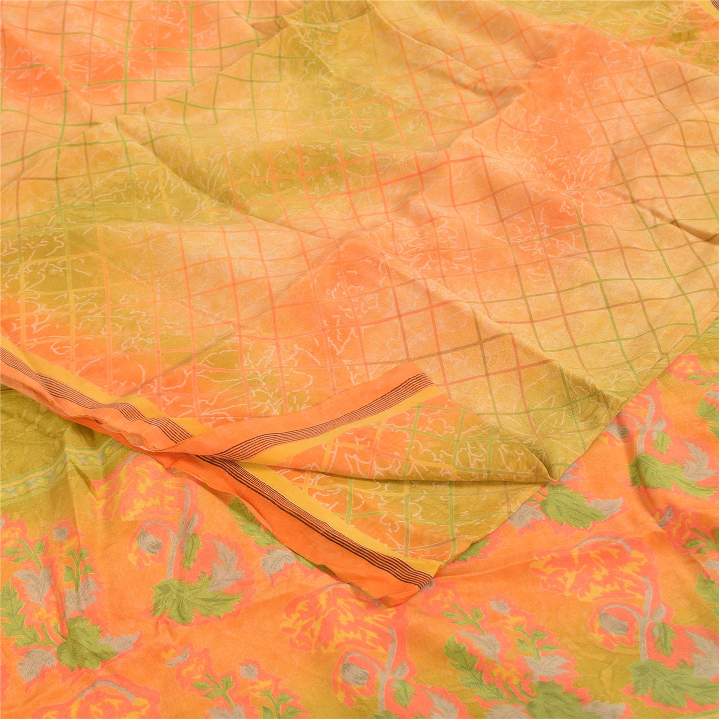 Sanskriti Vintage Sarees Pure Crepe Printed Orange/Green Sari Craft Soft Sustainable Fabric