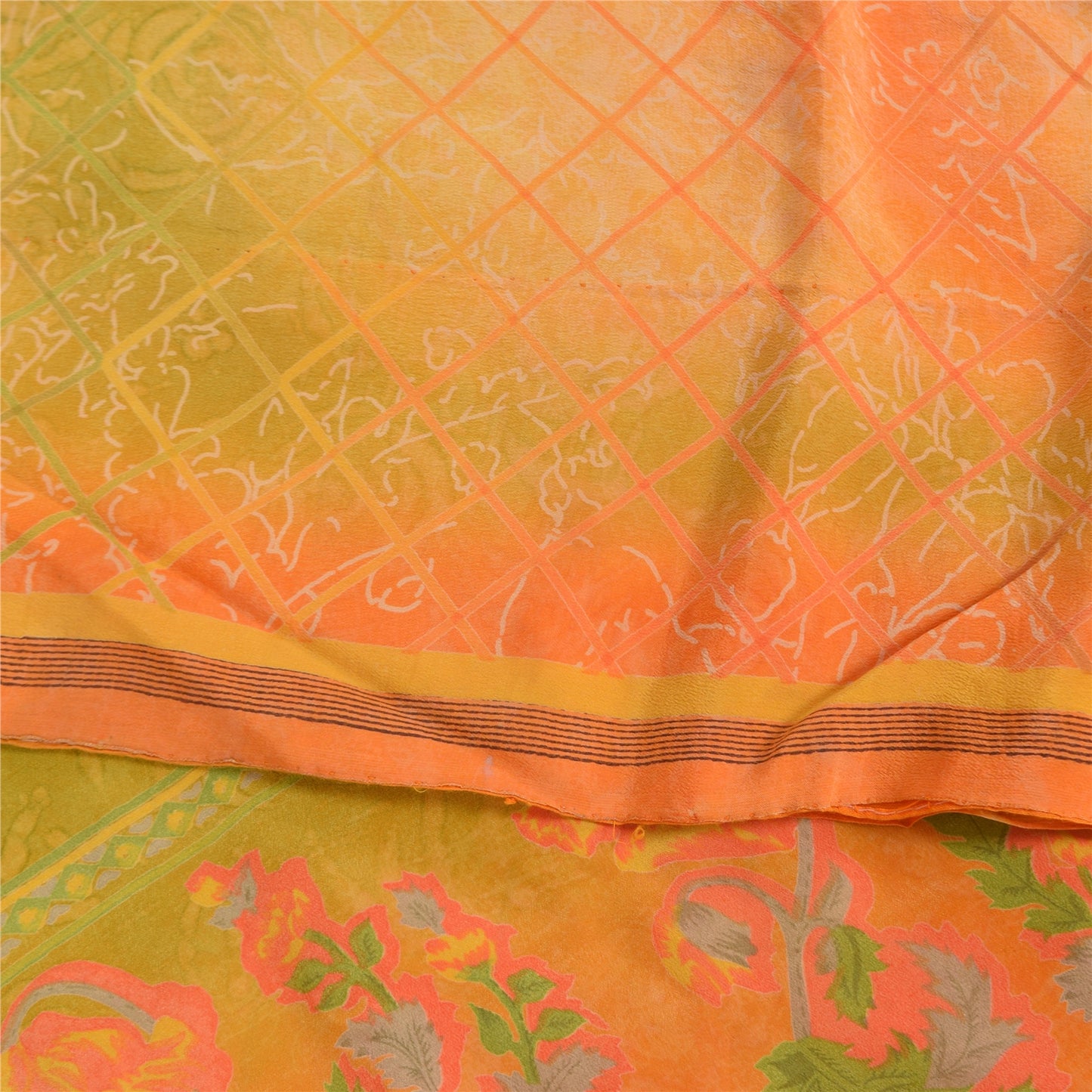 Sanskriti Vintage Sarees Pure Crepe Printed Orange/Green Sari Craft Soft Sustainable Fabric