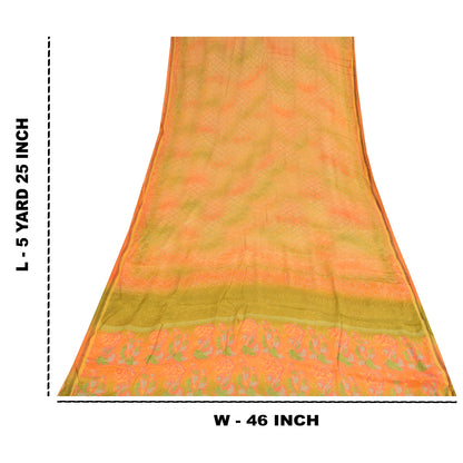 Sanskriti Vintage Sarees Pure Crepe Printed Orange/Green Sari Craft Soft Sustainable Fabric