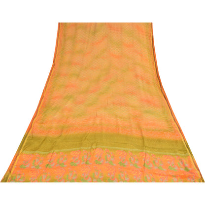 Sanskriti Vintage Sarees Pure Crepe Printed Orange/Green Sari Craft Soft Sustainable Fabric