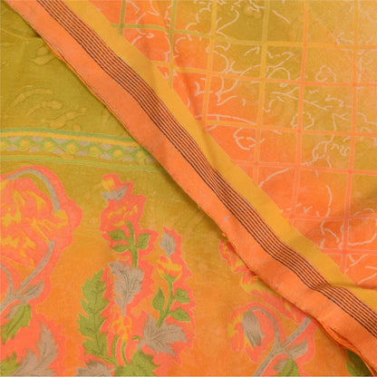 Sanskriti Vintage Sarees Pure Crepe Printed Orange/Green Sari Craft Soft Sustainable Fabric