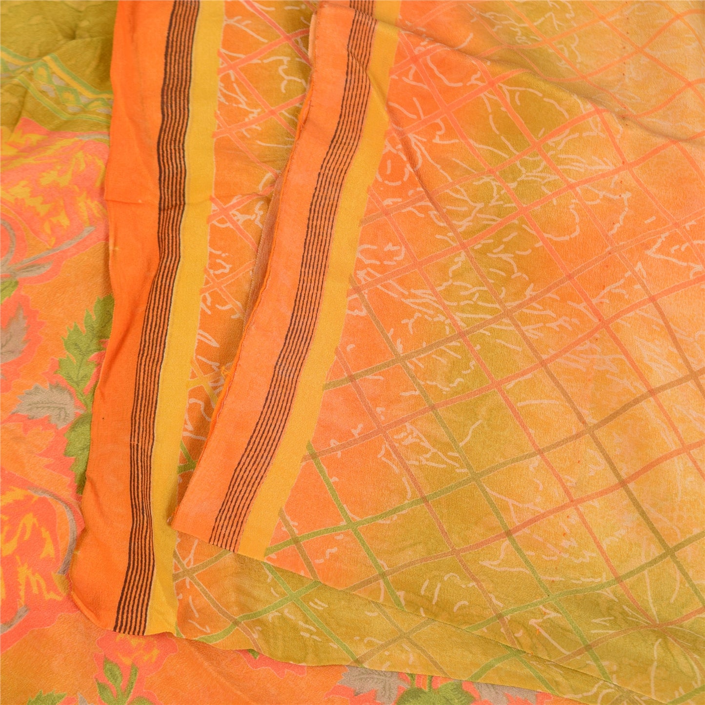 Sanskriti Vintage Sarees Pure Crepe Printed Orange/Green Sari Craft Soft Sustainable Fabric