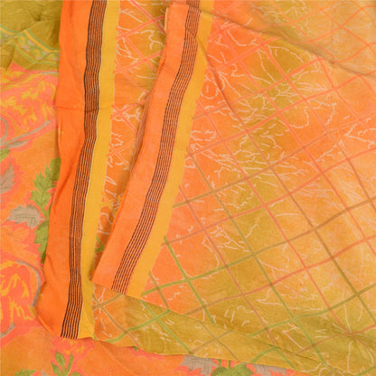 Sanskriti Vintage Sarees Pure Crepe Printed Orange/Green Sari Craft Soft Sustainable Fabric
