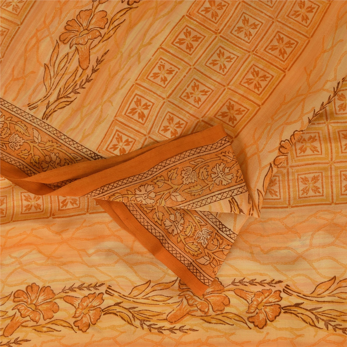 Sanskriti Vintage Saree Peach Pure Crepe Silk Floral Printed Sari 5.5+Yd Fabric