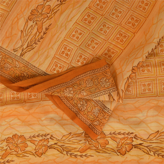 Sanskriti Vintage Saree Peach Pure Crepe Silk Floral Printed Sari 5.5+Yd Fabric